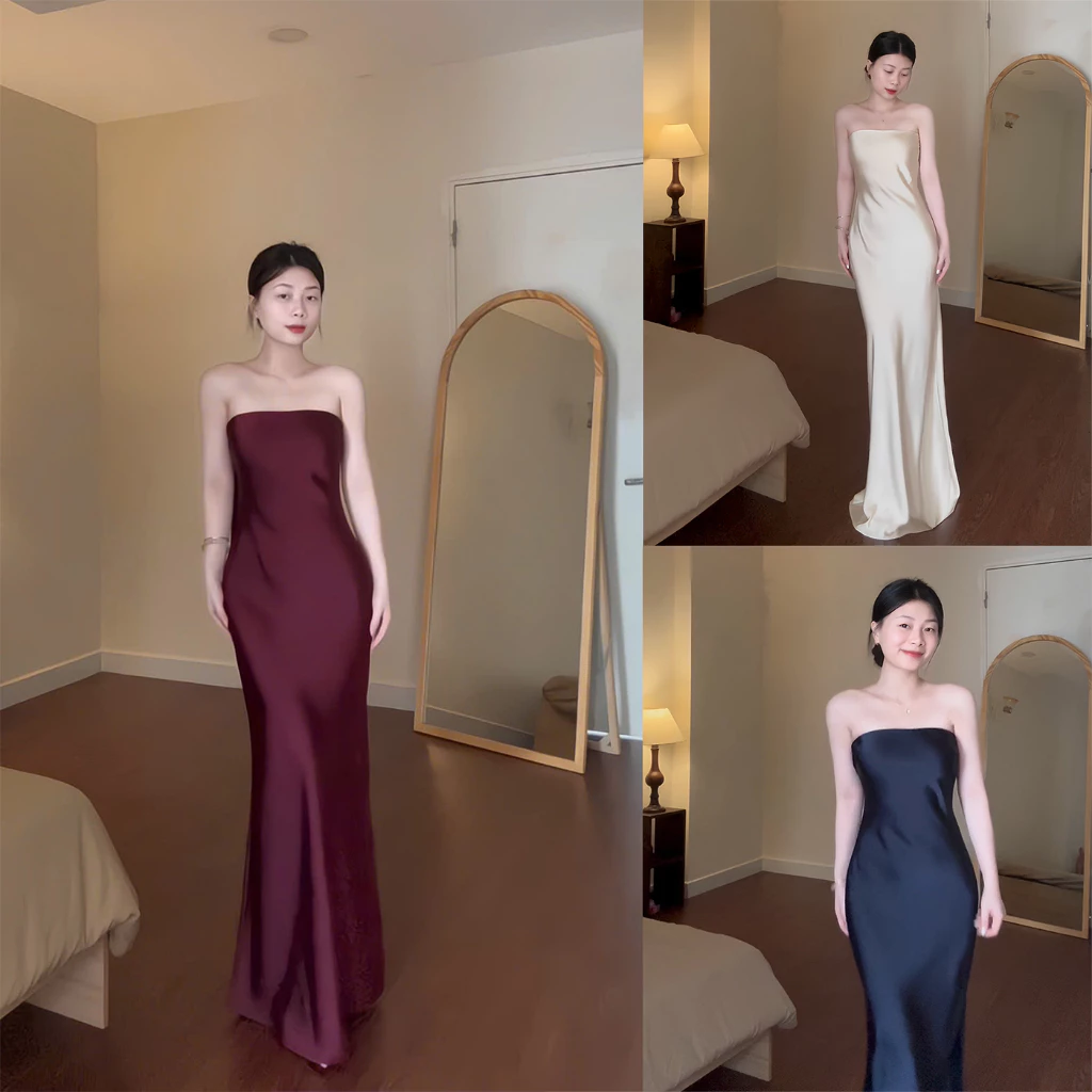 Đầm Lụa Cúp Ngực form dài dự tiệc,Váy lụa Hàn châu cao cấp sang chảnh tôn dáng gợi cảm