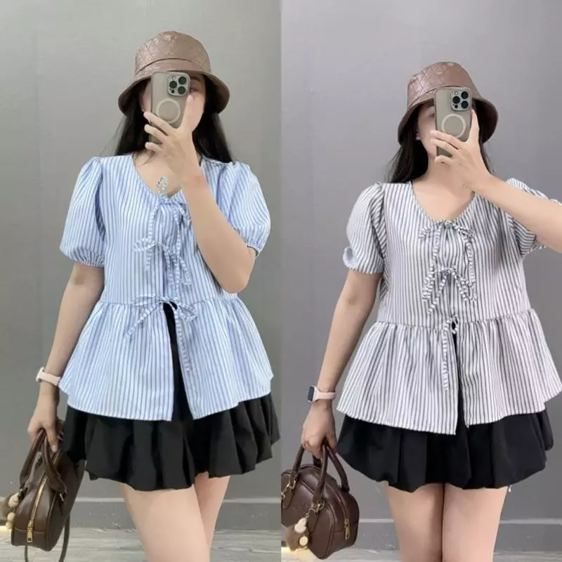 Set tiểu thư Bigsize nữ áo kiểu babydoll tay bồng kèm chân váy bí có lót bảo hộ kín đáo tôn dáng - SET (A190+CV413)