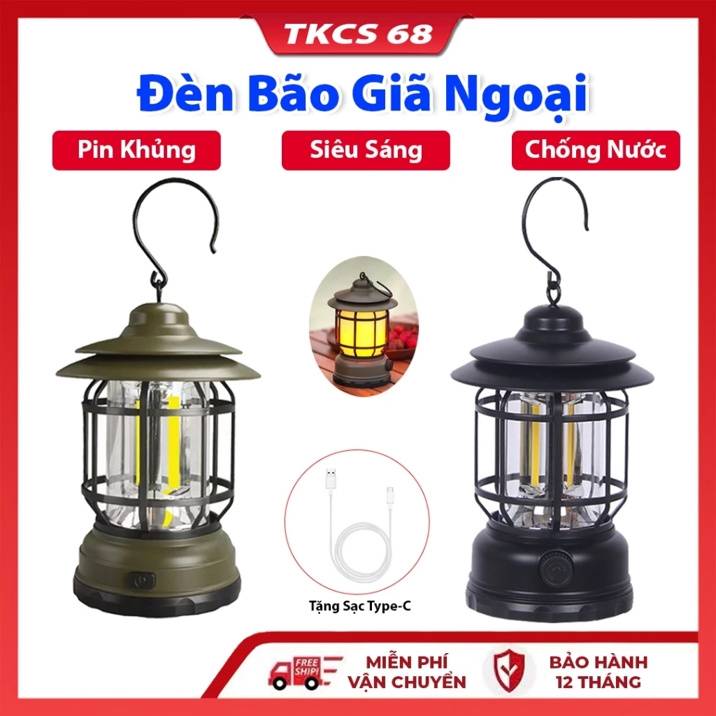 Đèn Bão Tích Điện,  Đèn Măng Xông, Pin Khủng,Đèn Cắm Trại Dã Ngoại, Chống Nước, Tặng Kèm Cáp Sạc Type-C