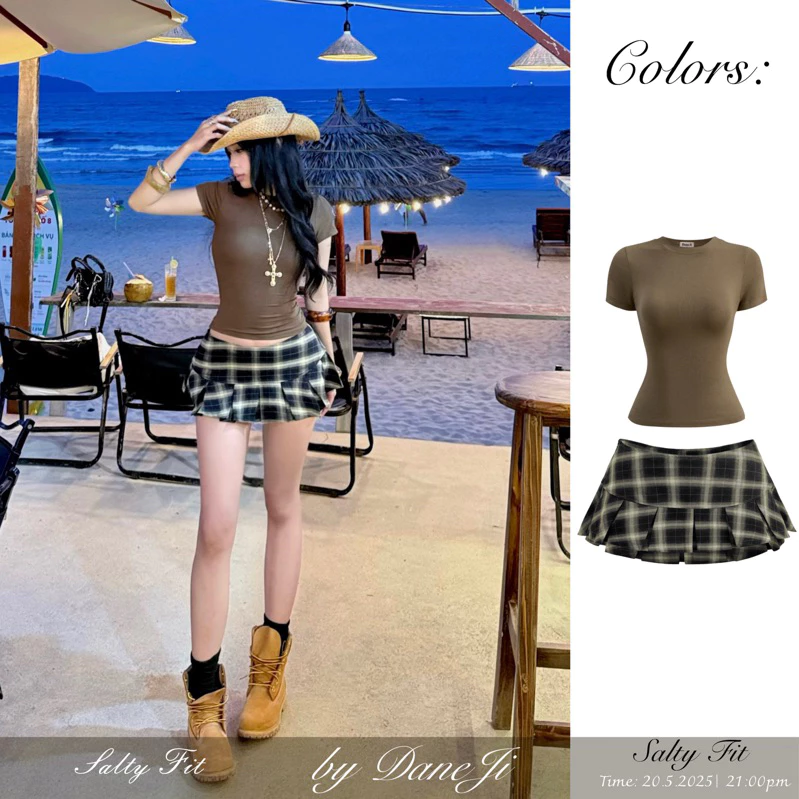 [ 𝐒𝐀𝐋𝐓𝐘 𝐅𝐈𝐓 ] Set Áo thun babytee slimtop DANEJI - Váy xếp ly caro CẠP TRỄ NGẮN beach vibe Năng Động Dành Cho Nữ [