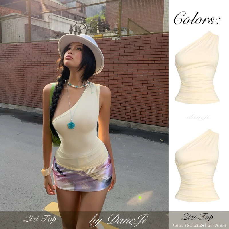 [ 𝐐𝐈𝐙𝐈 𝐓𝐎𝐏 ] Áo lệch vai chiết nhấn eo, Chất poly siêu fit dáng , mùa hè năng động [ CHẤT SIÊU MỎNG ]