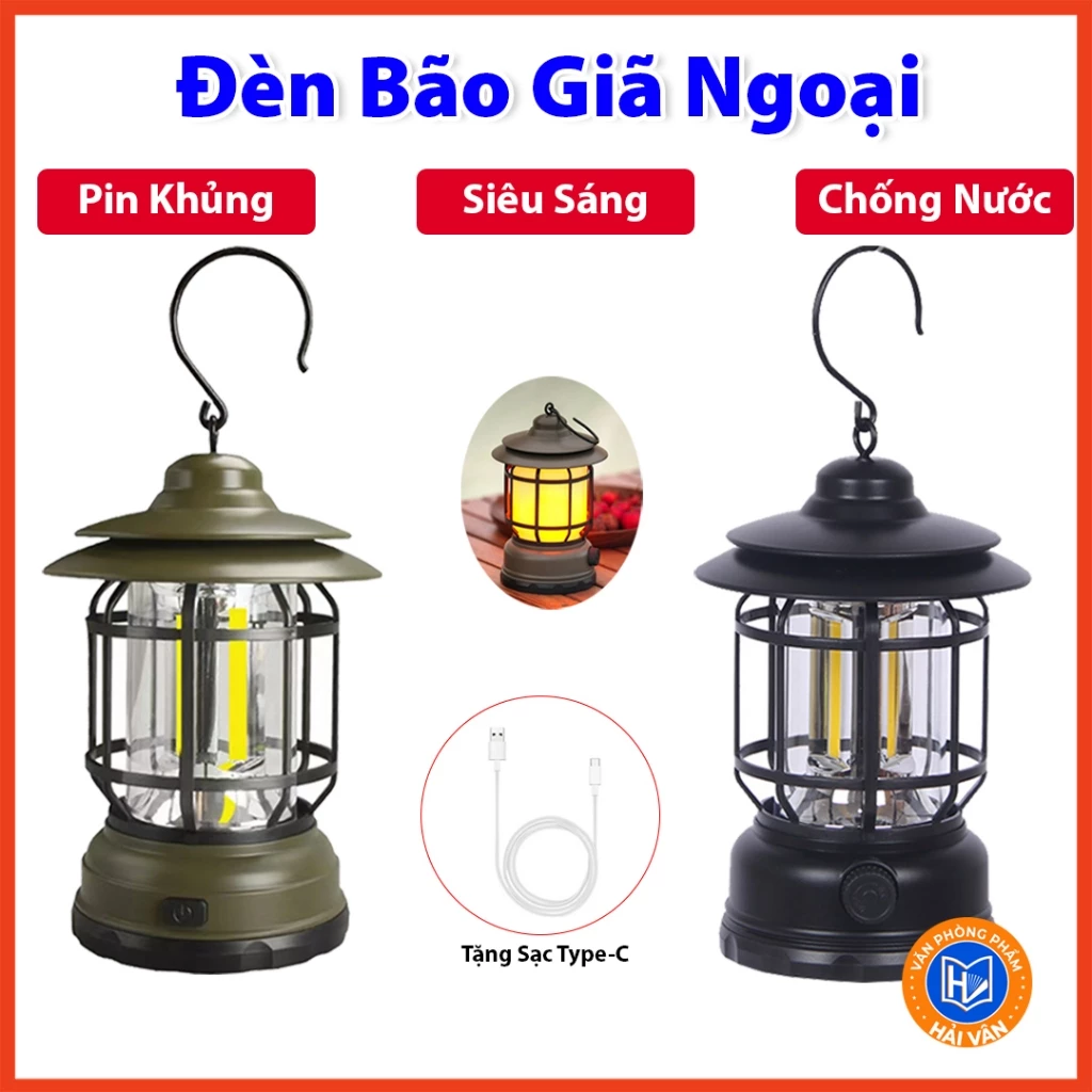 Đèn Bão Tích Điện, Đèn Cắm Trại Dã Ngoại, Đèn Măng Xông, Pin Khủng, Chống Nước, Tặng Kèm Cáp Sạc Type-C Tiện Dụng