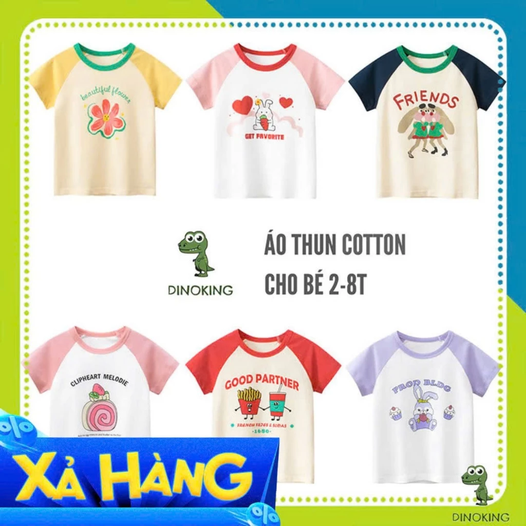 Áo phông cho bé gái DINNOKING Áo thun trẻ em cộc tay mùa hè chất cotton đẹp mềm mịn thoáng mát cho bé 2 - 8 tuổi AT10