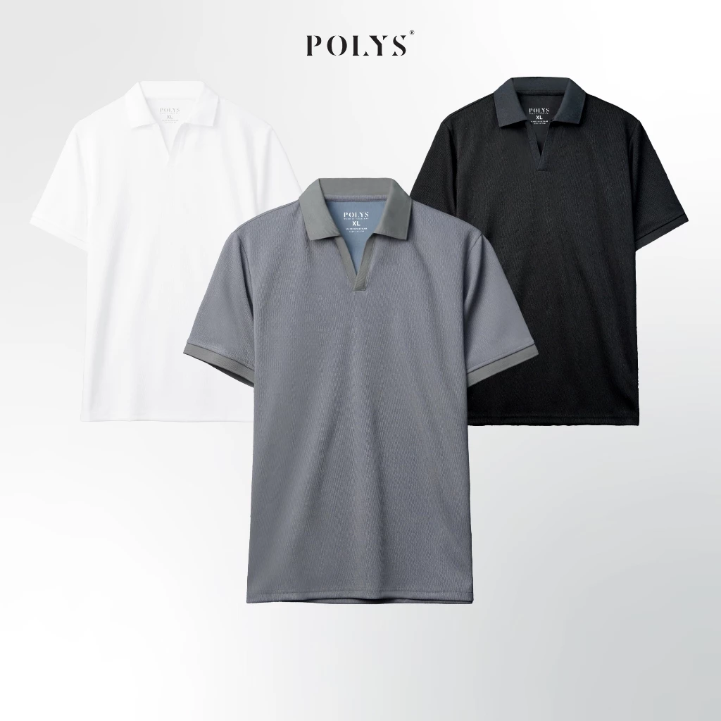 Áo polo nam cổ V trẻ trung POLYS, Chất vải thun nổi vân mềm mịn co giãn 4 chiều, Áo polo V-ELITE