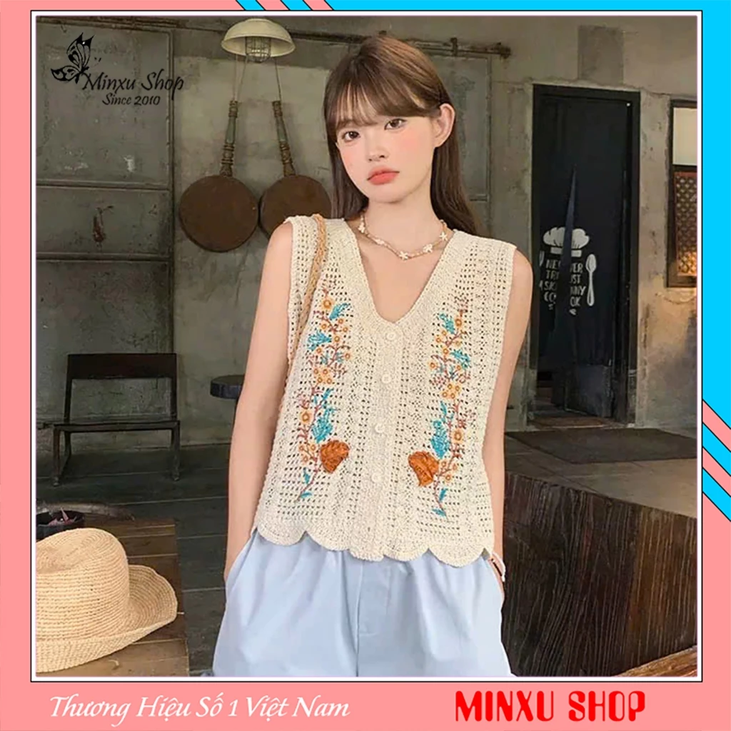 Áo Ba Lỗ, Áo Sát Nách Len Lưới Đi Biển, Đi Chơi Thêu Cành Hoa Hàng QC Minxu Shop CK79