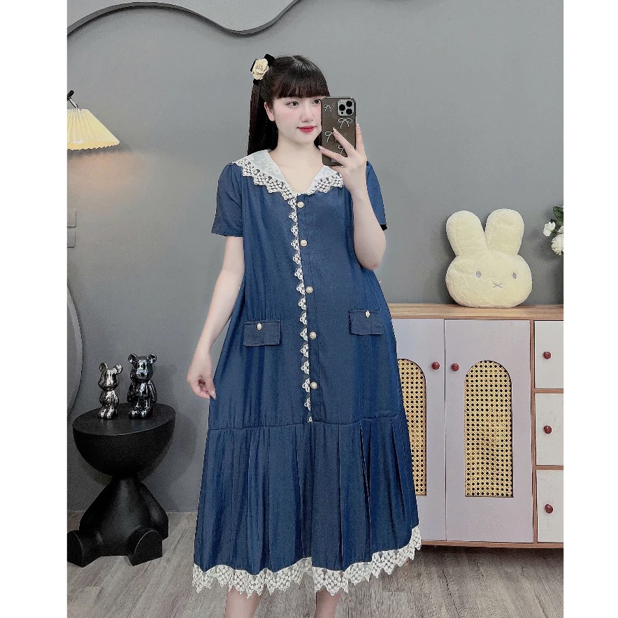 (Đủ size đến 100kg)Váy bầu,đầm bầu Bigsize chất bò giấy,dáng công sở phối ren xinh