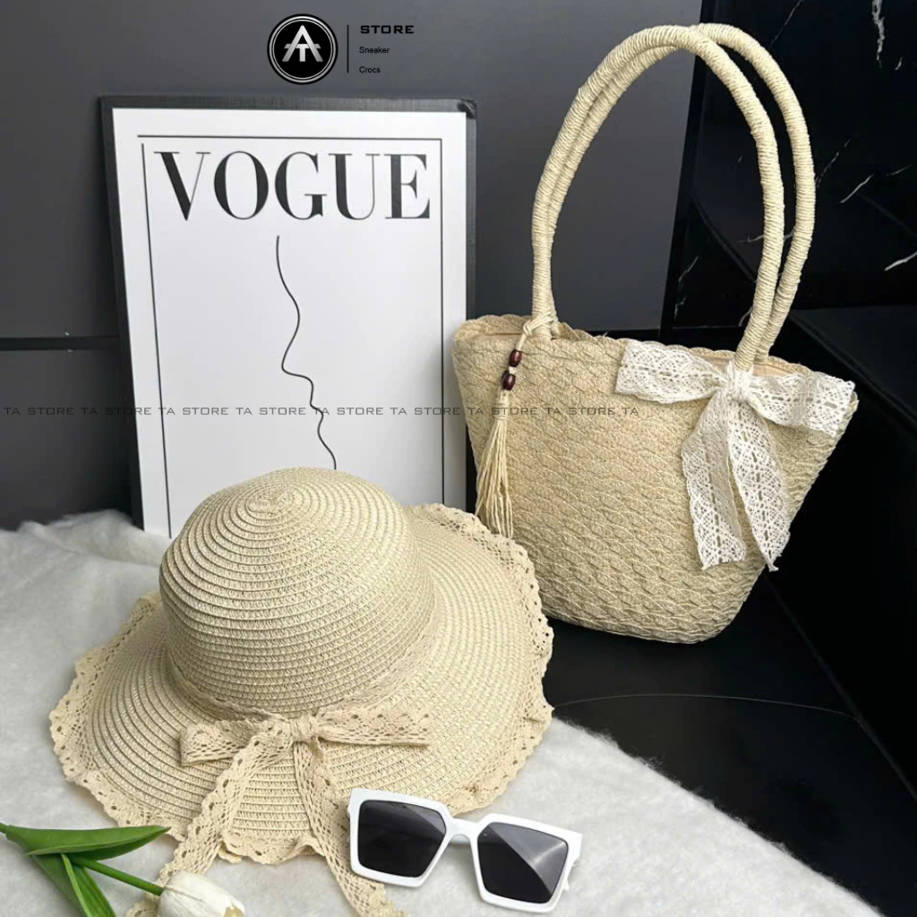 Set túi mũ cói TA Store tua rua mix ngọc nơ ren đi biển đi chơi