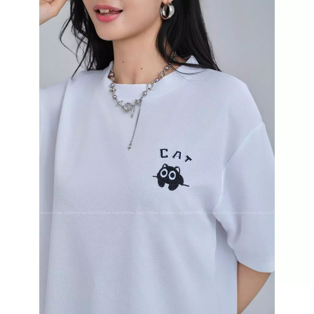 Áo thun Cổ tròn Thêu Hình Mèo Cat đơn giản - MaylinhShop - Form Rộng Nam Nữ Unisex Oversize chất liệu vải tổ ong