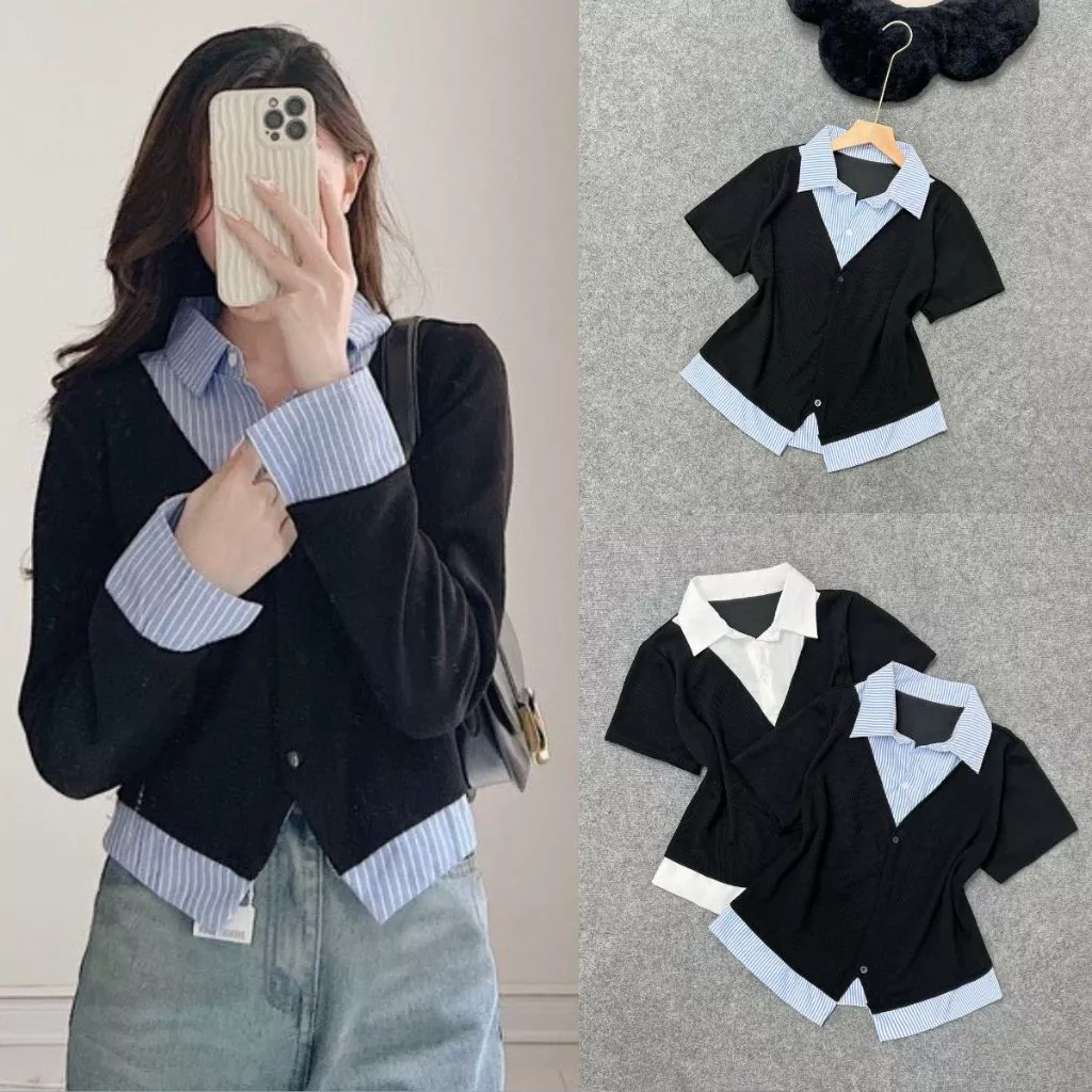 Áo Sơ Mi Bigsze Nữ Phối Kẻ Cách Điệu Dễ Thương Vải Nỉ Tăm Mix Sơ Mi Cho Các Nàng Chubby SM141