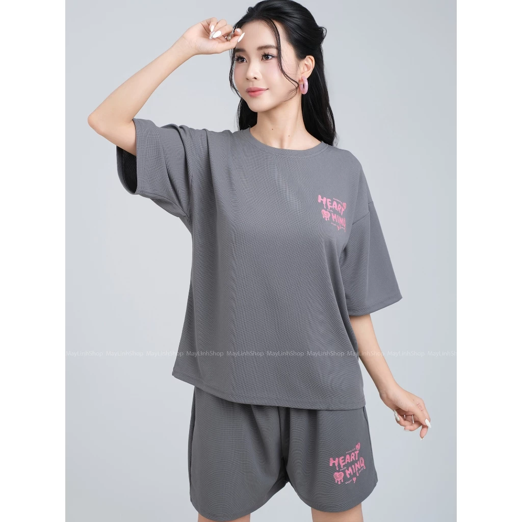 Set Bộ Nữ Maylinhshop Áo Phông Và Quần Đùi Heartmind chất liệu waffle thoáng mát