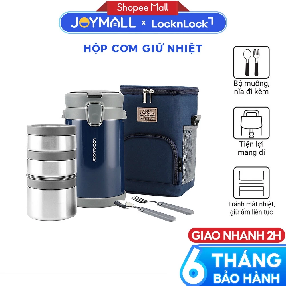 Bộ Hộp Cơm Giữ Nhiệt LocknLock 2 Lít LHC8039 Có Túi, 3 Hộp Kèm Muỗng Nĩa, Hàng Chính Hãng - JoyMall
