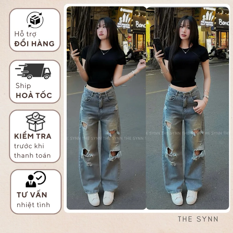 Quần Jean Nữ Unisex Ống Suông, Lưng Cao Rách Phong Cách Màu Khói Nhạt - QJ36
