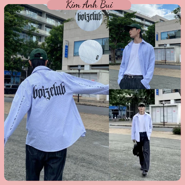 Áo Sơ Mi - Sơ Mi Kẻ Sọc Phối Họa Tiết In Chữ Boy z Clup From Rộng Unisex Nam Nữ Đều Mặc Được