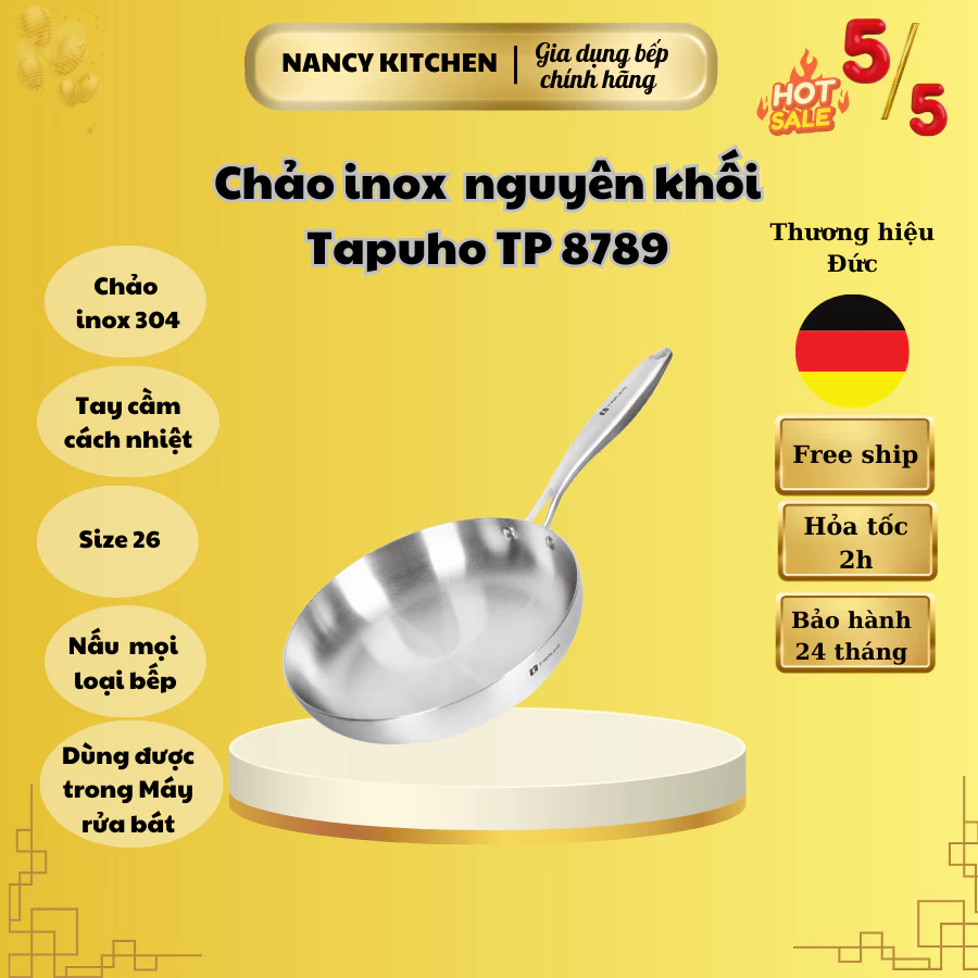 [Chính hãng] Chảo inox liền khối Tapuho TP8789-Inox 304-Size 26-Chống dính tự nhiên-BH 24 tháng