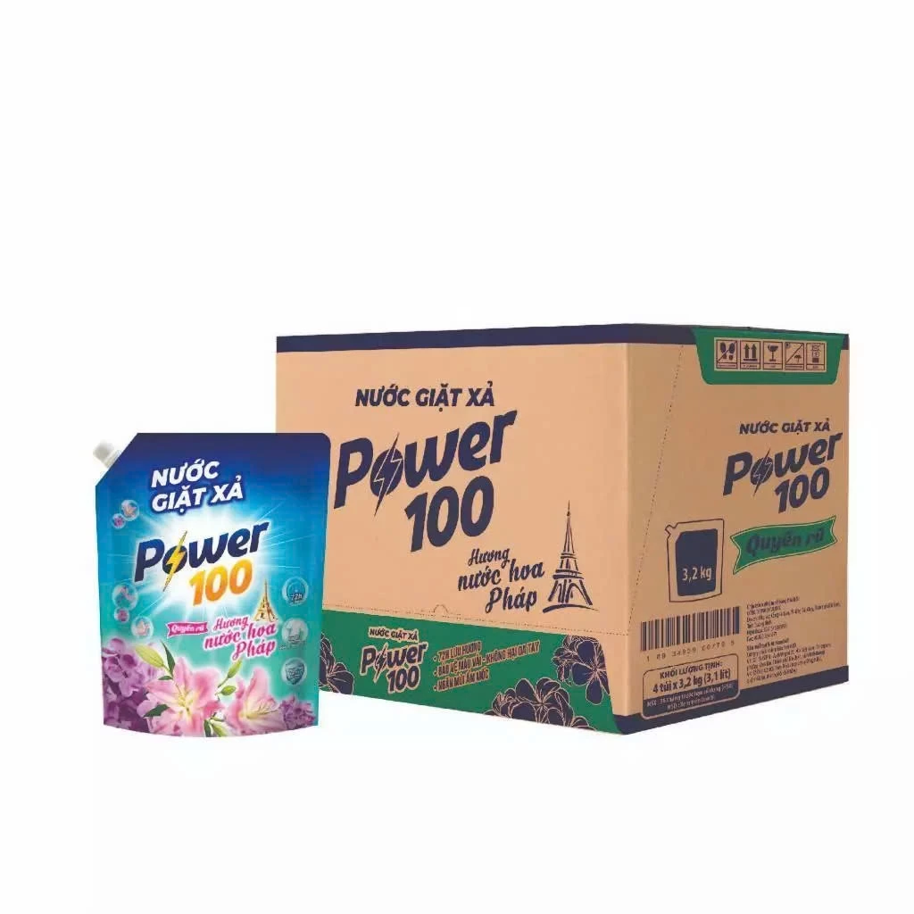 Thùng nước giặt xả Power100 hương nước hoa Pháp (4 túi x 3,2Kg)