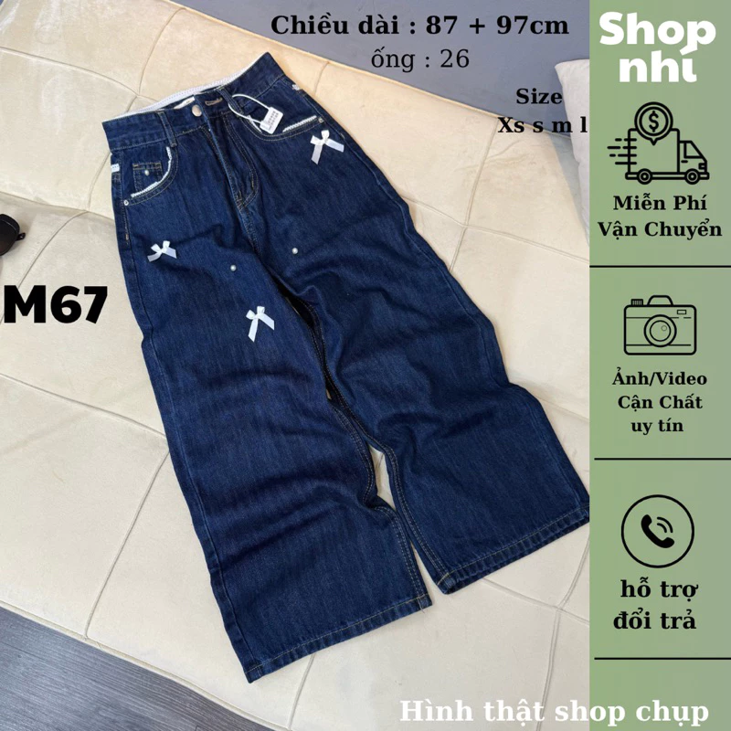 Quần jean nữ ống suông rộng QC thêu viền ren nấm dài 87cm + 97cm size SML Shop Nhí ( 7252 S01 - Quần suông nấm )