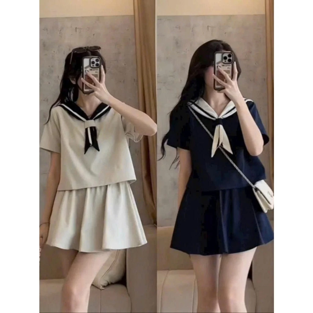 Sét Bộ Nữ , Áo Thuỷ Thủ Kiểu Lửng Croptop + Chân Váy Quần Đầm Xếp Ly Có Lót Trong