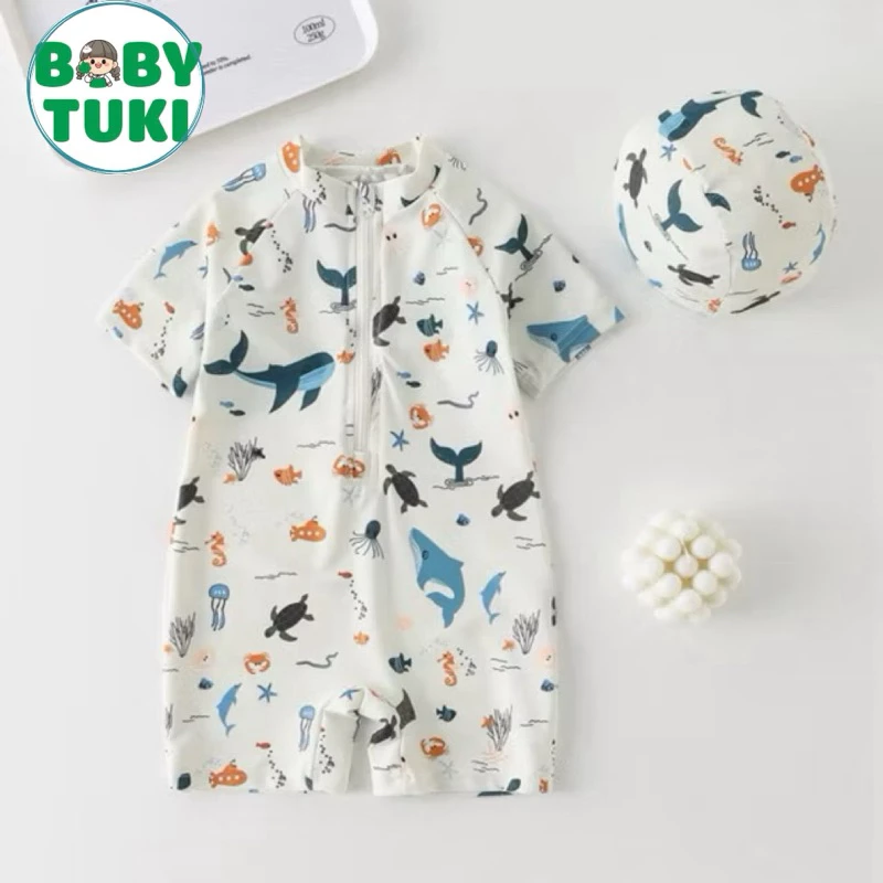 Đồ bơi cho bé trai kèm mũ hoạ tiết đại dương, đồ bơi bé trai cộc tay sz 10-30kg