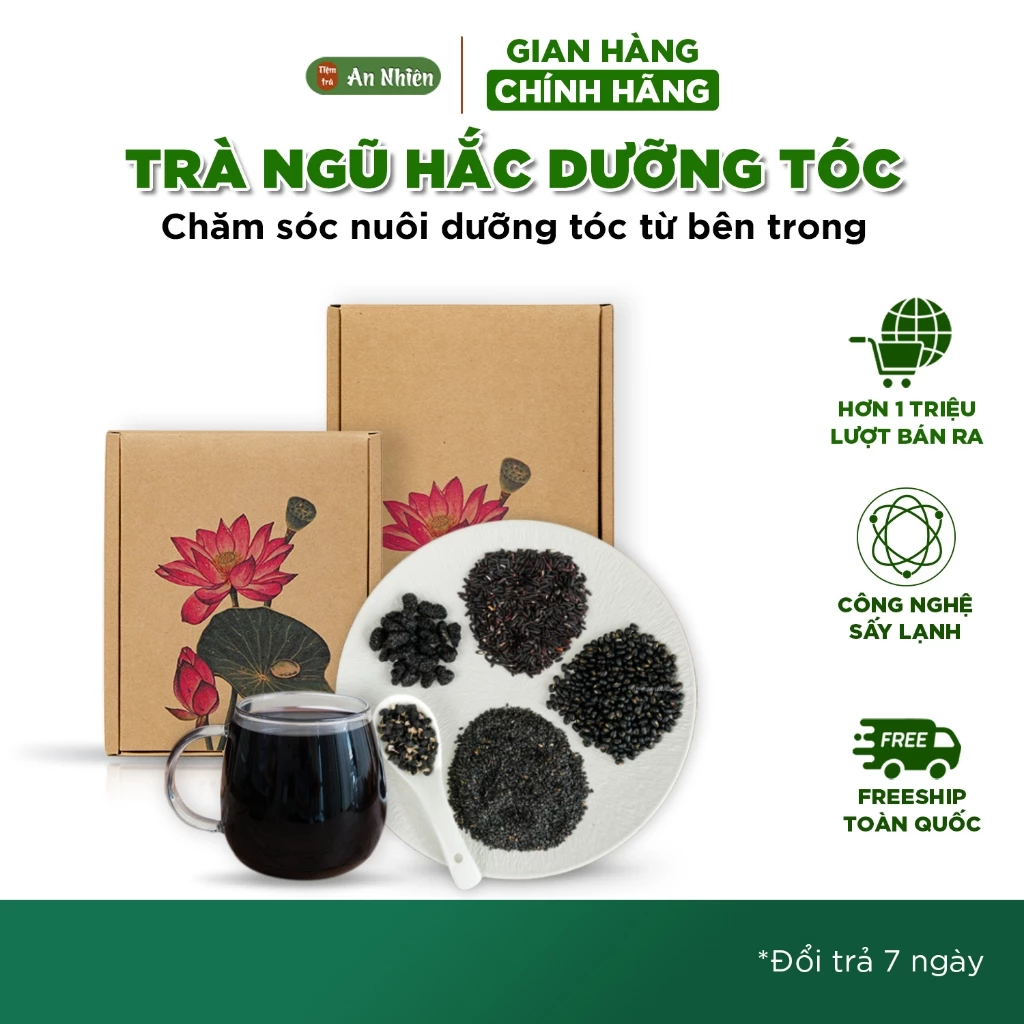 Trà Ngũ Hắc An Nhiên, hỗ trợ nuôi dưỡng tóc nhanh khoẻ, đen tóc, tóc rụng yếu,Nguyên liệu sấy lạnh, Sấy lạnh