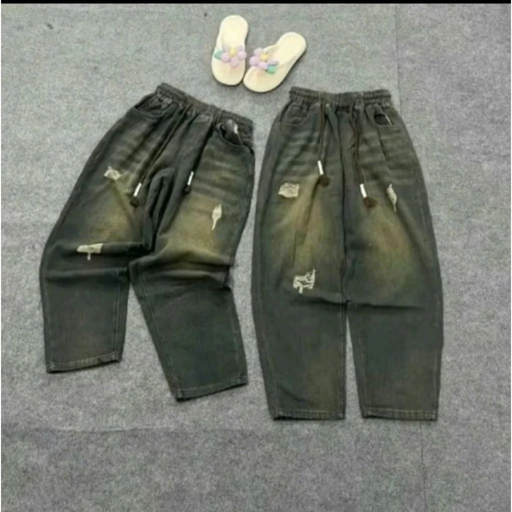 Quần Jean Dáng Baggy Rách Cạp Chun Lưng Cao Có Dây Rút, Vải Jean Thổ Dày Dặn Mềm Mịn