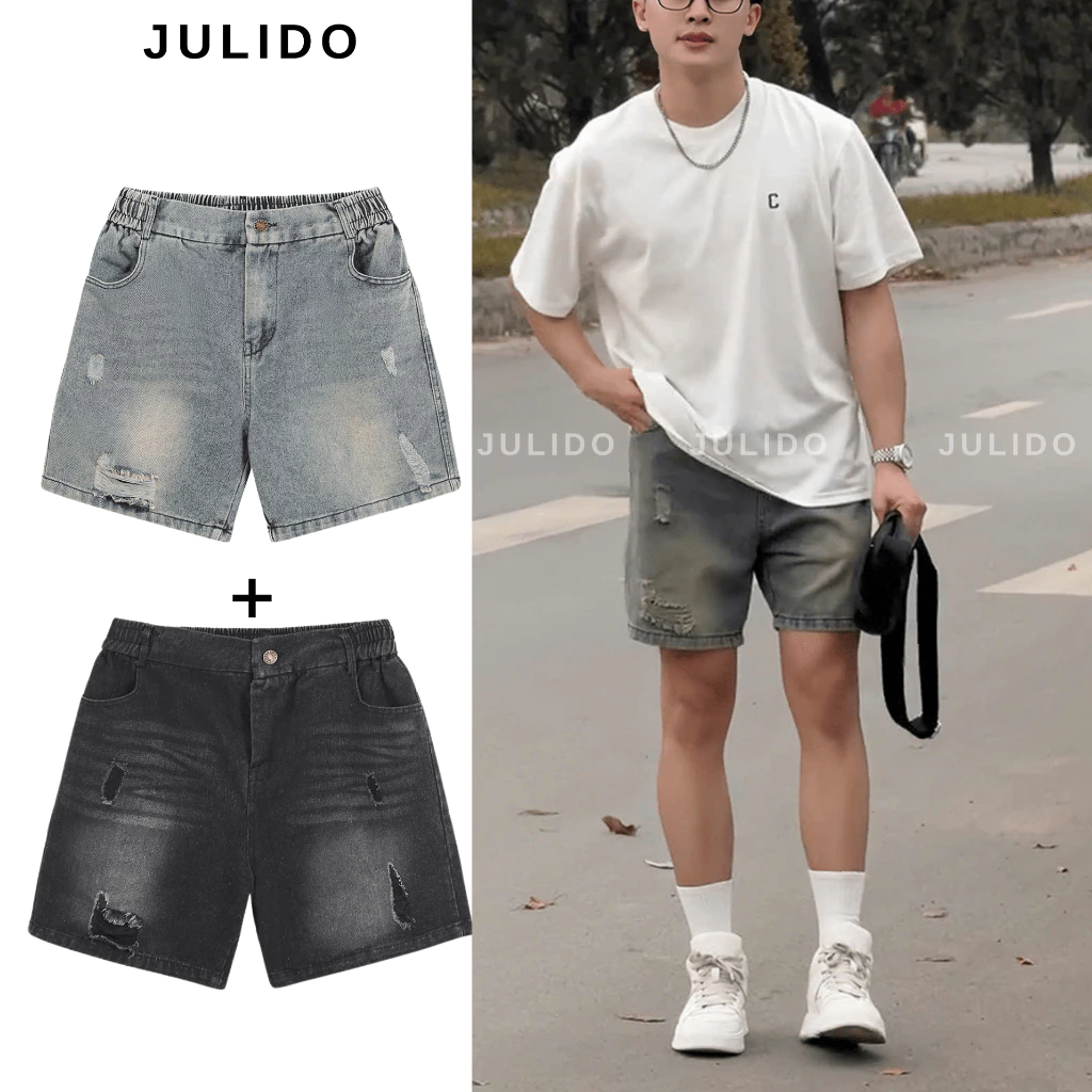 Quần short jean nam JULIDO cạp khuy, quần jean short co dãn thoải mái