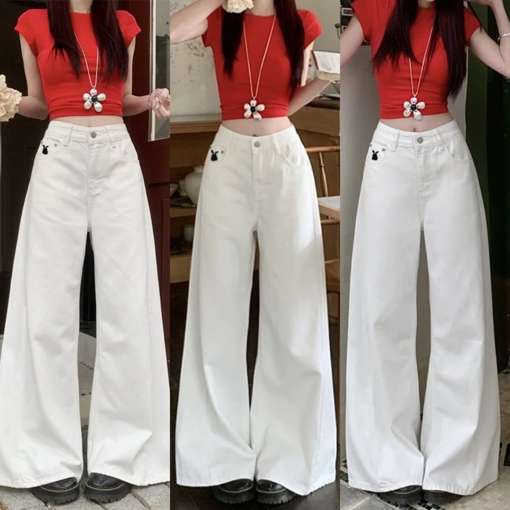 Quần Jeans Trắng Thêu Thỏ Suông Rộng MIAA, Quần Bò Jean Lưng Cao Ôm Eo Form Đứng HOTTREND J09