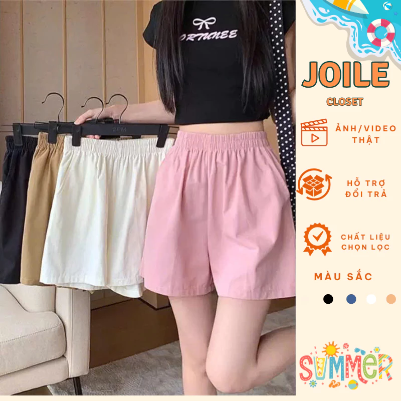 Quần short ngắn nữ, quần đùi cạp chun vải đũi nhăn có túi phong cách thoáng mát Mẫu Mới Joile_Closet