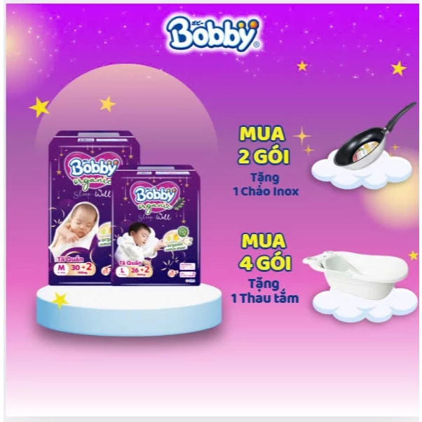 (XẢ HÀNG) Bộ 2 bịch tã quần Bobby Ngày và Đêm đủ size Bông Organic Hữu cơ mềm mại