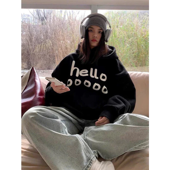 Áo hoodie xám trắng in Hello nỉ bông xịn form rộng NAM NỮ MẶC ĐỀU ĐẸP