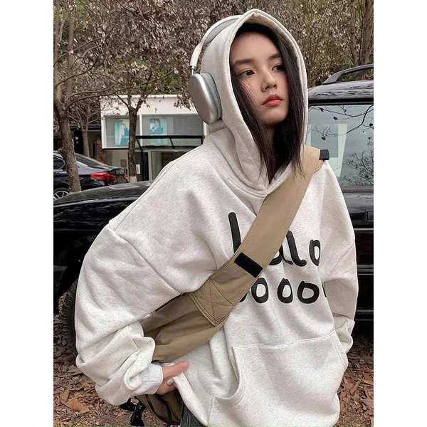 Áo hoodie xám trắng in HELLO nỉ bông xịn form rộng thoải mái nam nữ mặc đều đẹp