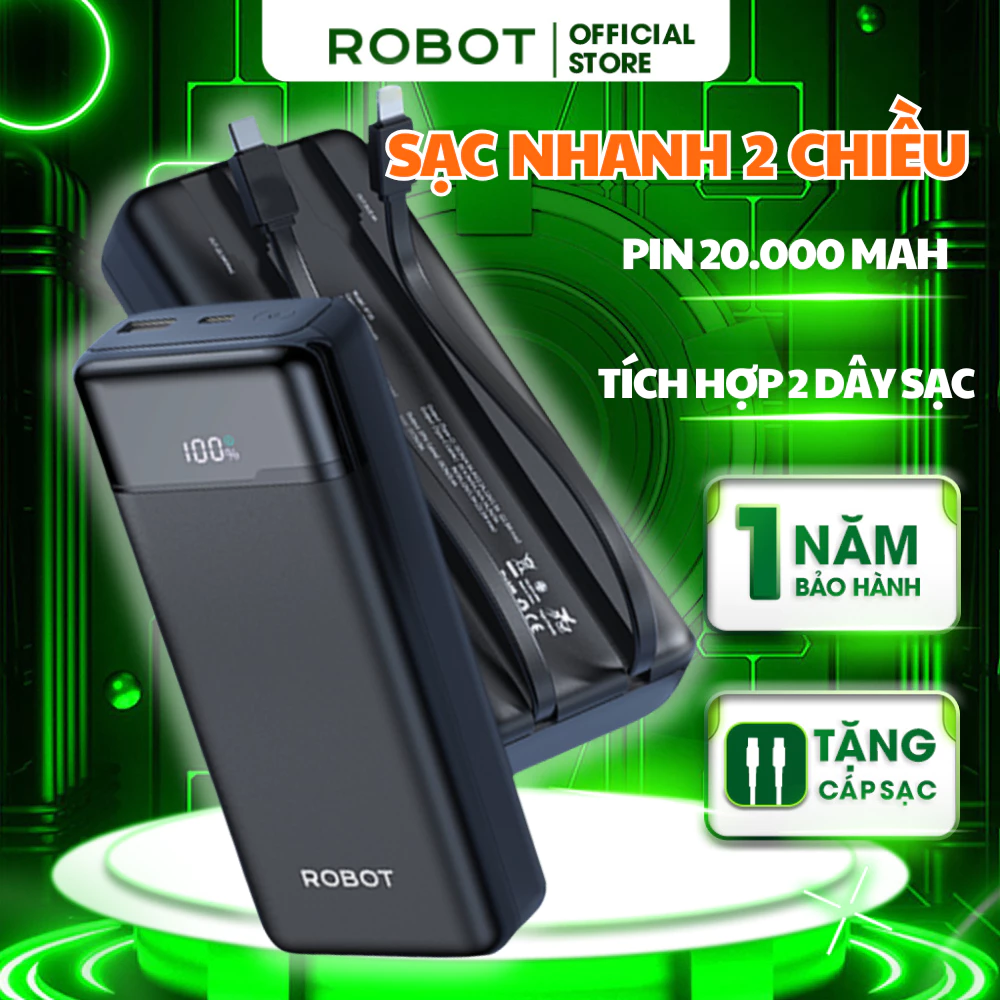 Combo Dây Sạc Nhanh Và Sạc ROBOT RT25 LED Nhanh 22.5W - 4 Cổng Ra Và 1 Cổng Vào - Bảo Hành 1 Đổi 1