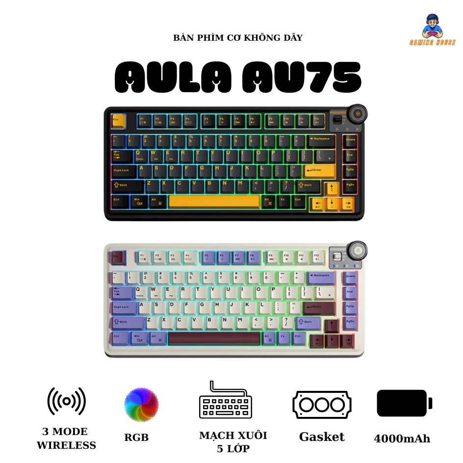 Bàn phím cơ Aula Au75 - 3 mode kết nối - Mạch xuôi - Led RGB - Núm vặn - Có app tùy chỉnh