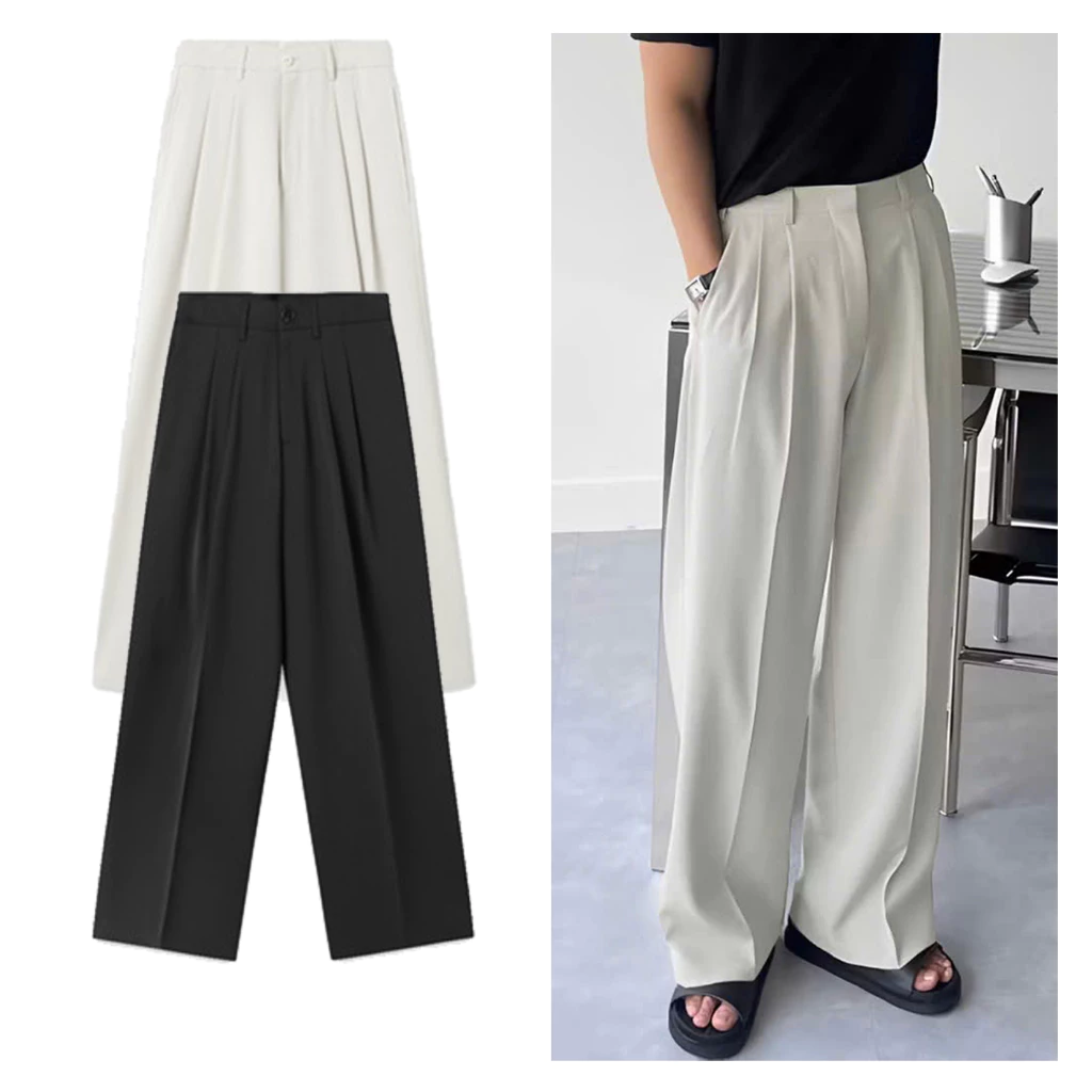 Quần Âu Nam Hàn Quốc Dáng Baggy Vải Co Giãn Dày Dặn Dáng Suông Ống Rộng, Màu Đen, Kem Halley D33