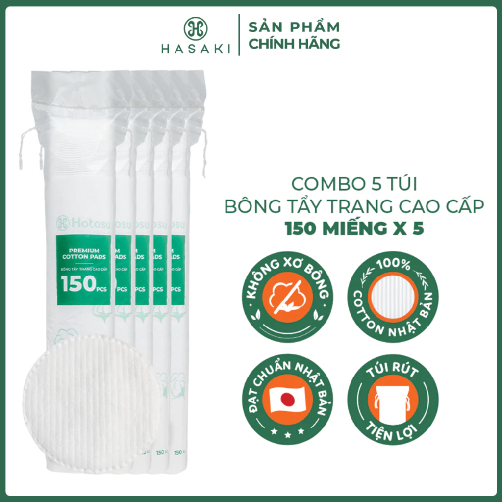 [DAILY] [100% COTTON] Combo 5 Bông Tẩy Trang Hotosu Cao Cấp 150 Miếng Premium Cotton Pads Hasaki Sản Phẩm Chính Hãng