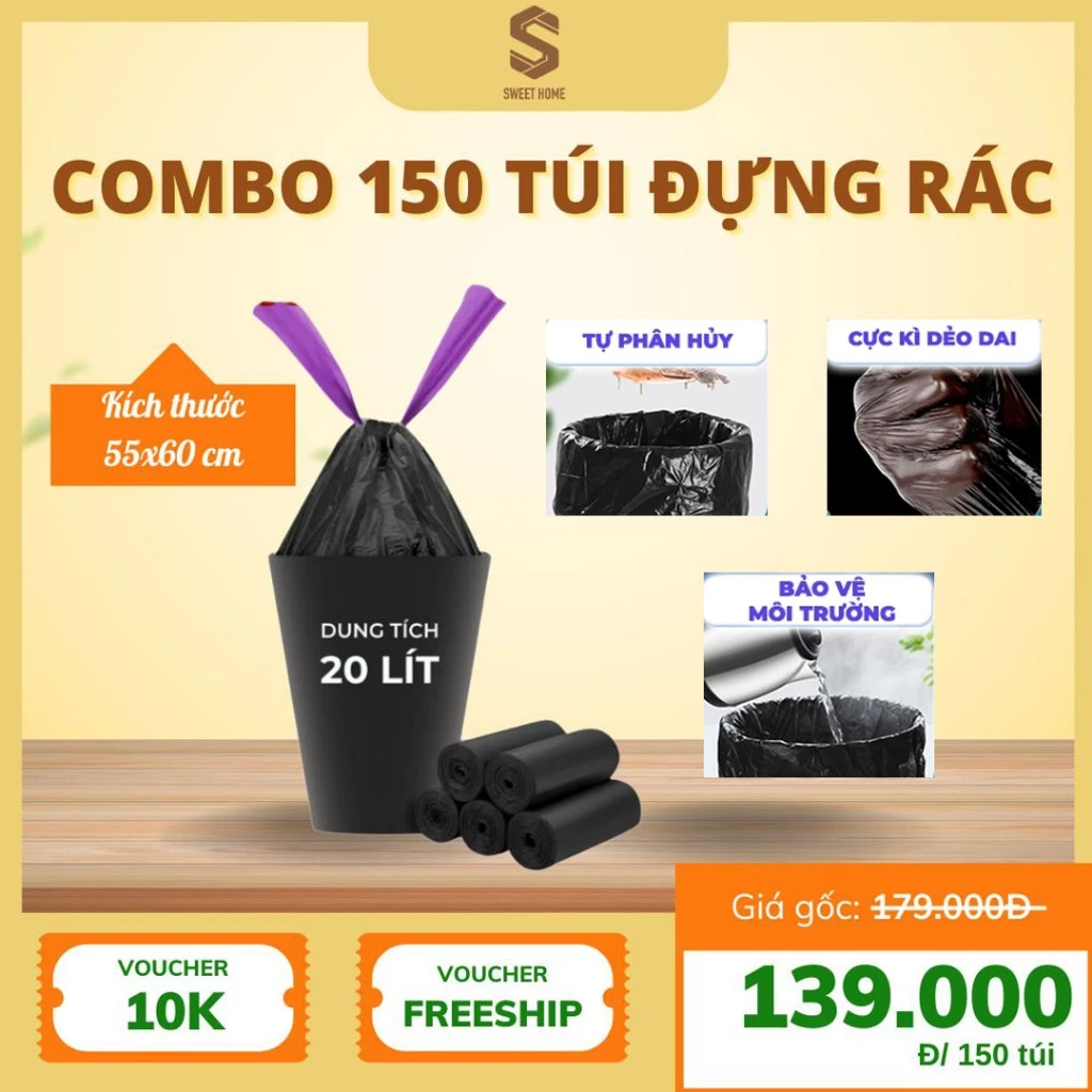 Túi nilon bóng đen đựng rác kích thước 55x60 cm SWEET HOME túi bóng đen đựng rác chống dò nước có dây rút