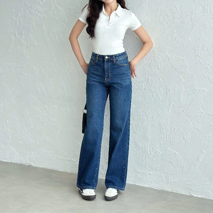 Quần Jean Nữ REDE L-03E Ống Rộng 22-24cm, Lưng Cao, Màu Xanh Đậm Wash Râu Mèo Hông/Đùi/Mông