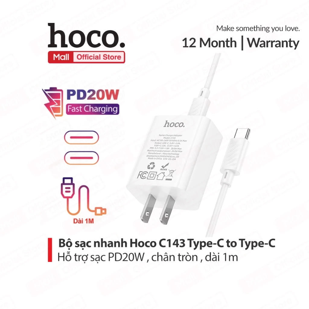 Bộ sạc nhanh PD20W Type-C to Type-C dùng cho ip15/15promax/16/16promax/Android Hoco C143 dài 1m , chân dẹt