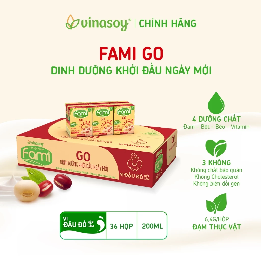 Thùng sữa đậu nành Fami Go Đậu đỏ nếp cẩm (36 hộp x 200ml)