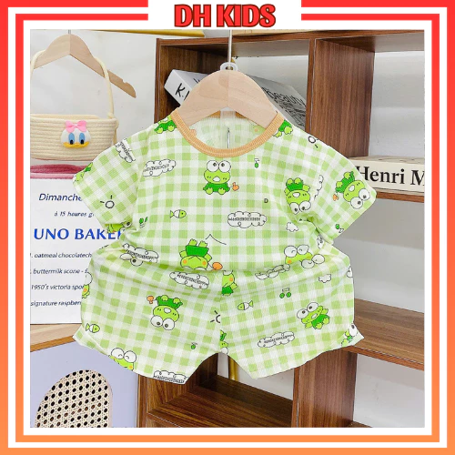 [B06] Bộ quần áo cộc tay thun tăm lạnh họa tiết kẻ sọc cho bé trai và bé gái từ 5 - 16kg - DH KIDS