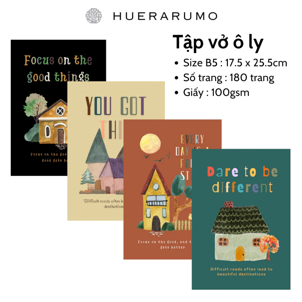 Vở ô ly B5 HUERARUMO 180 trang, giấy dày 100gsm, viết không thấm mực, dành cho học sinh – sinh viên.