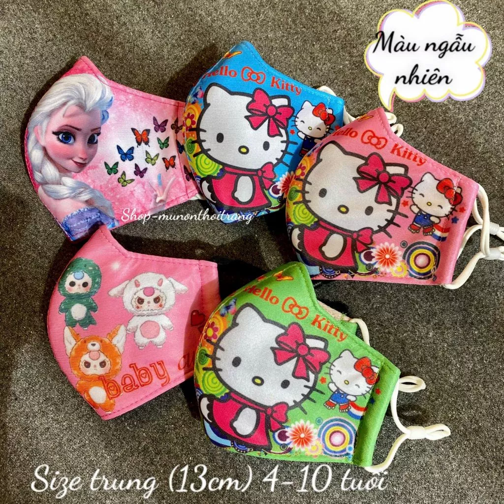 Khẩu trang vải Hello Kitty cho bé gái có dây điều chỉnh, nhiều màu (3 đến 12 tuổi)