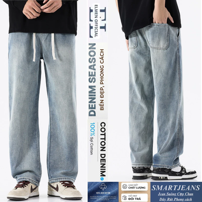 Quần Jean Nam Suông Ống Rộng dáng đứng ống rộng màu rêu WASH RETRO đường phố Mỹ Hàn Elmen V1