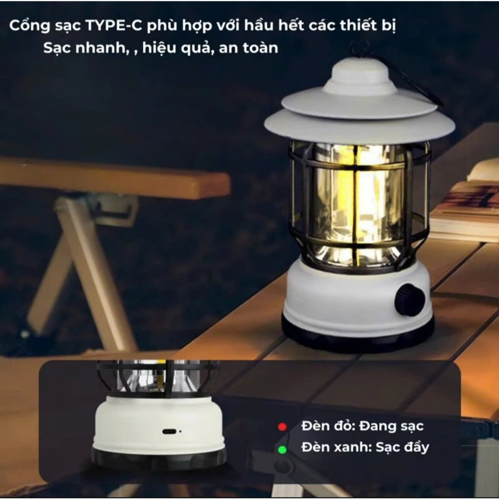 Đèn Bão Tích Điện, Đèn Cắm Trại Dã Ngoại, Đèn Măng Xông, Pin Khủng, Chống Nước, Tặng Kèm Cáp Sạc Type-C...
