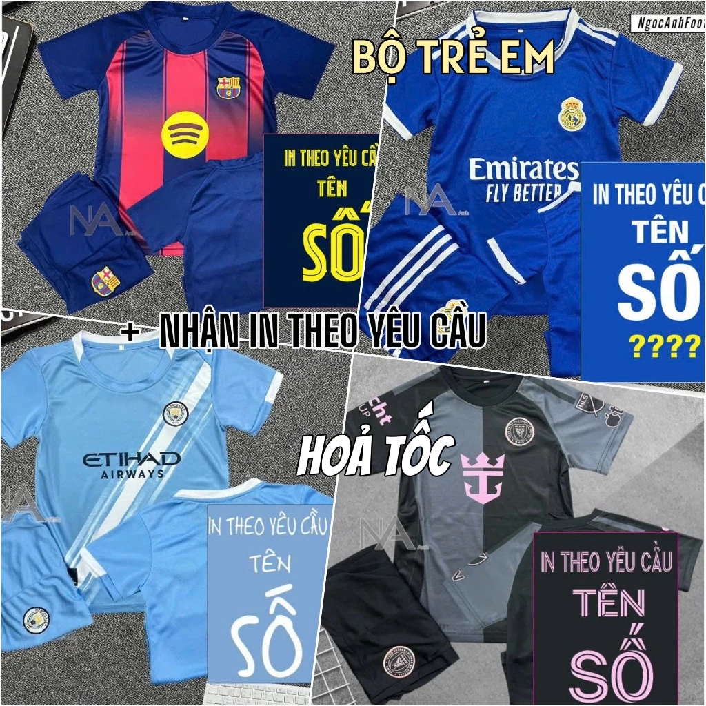 Bộ quần áo bóng đá trẻ em Barcelona/Messi 2025 , Ronaldo - In tên số theo yêu cầu - Vải Mè Thái cao cấp