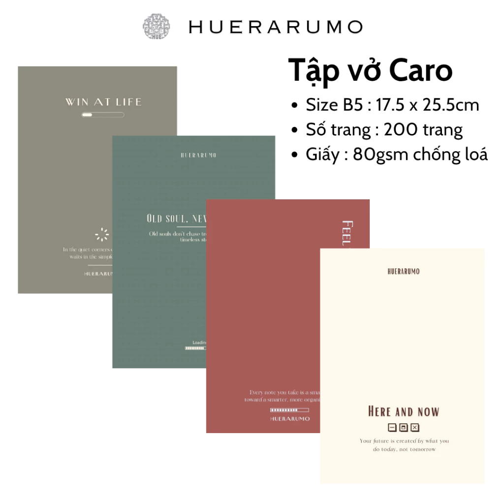 Vở caro B5 HUERARUMO 200 trang, giấy 80gsm chống lóa – vở ghi chép học sinh sinh viên