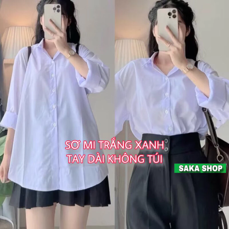 Áo sơ mi trắng xanh học sinh from rộng dài tay chất vải mịn mát không nhăn