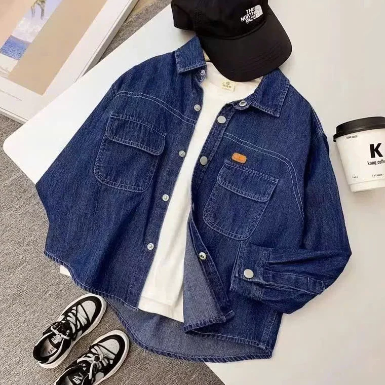 Áo Sơ Mi Denim Dài Tay Bé Trai Mùa Xuân Thu, Phong Cách Hàn Quốc Màu Jeans Đậm Thời Trang 2025 Size 11-25kg B0034