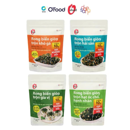 Combo 8 gói Rong biển giòn trộn khô gà, hải sản, hạt óc chó hạnh nhân , trộn gia vị OFood 40g