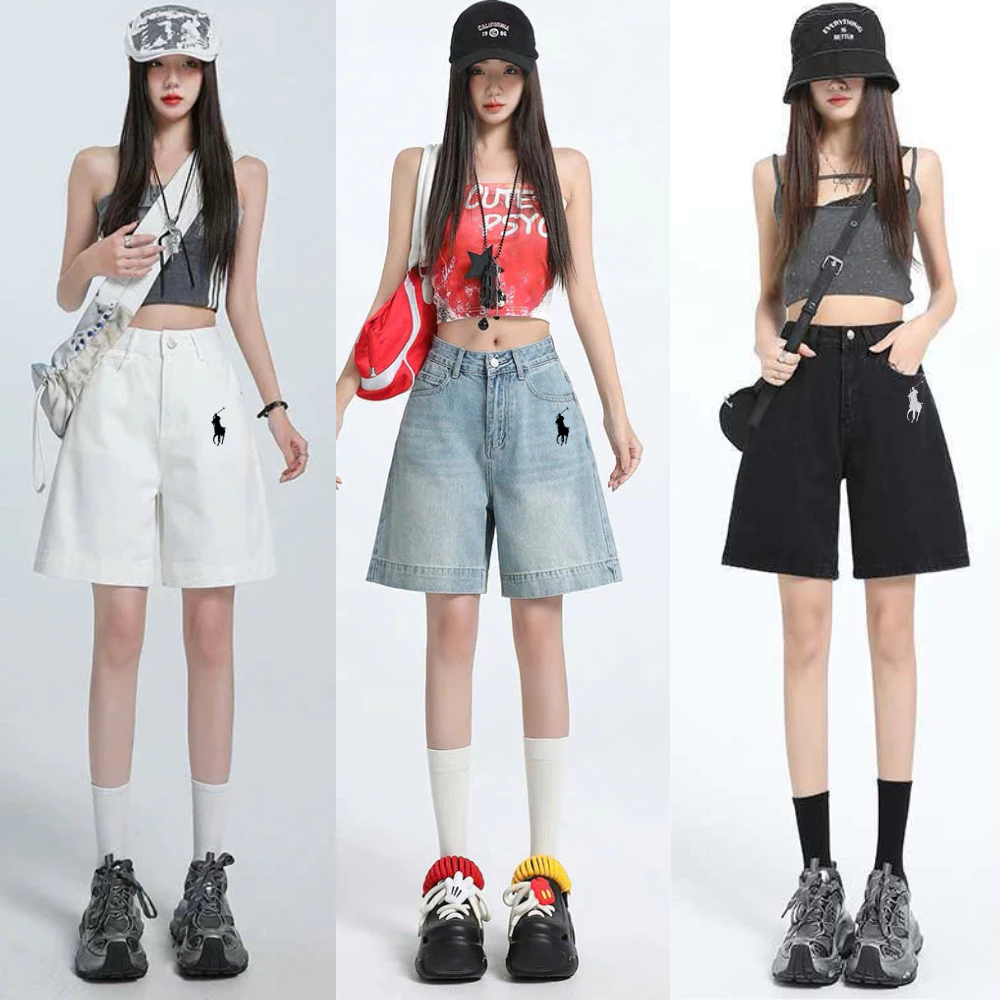 Quần sooc ngố nam nữ ống rộng, quần jeans lửng thêu ngựa cạp cao phong cách freestyle - NAGUU