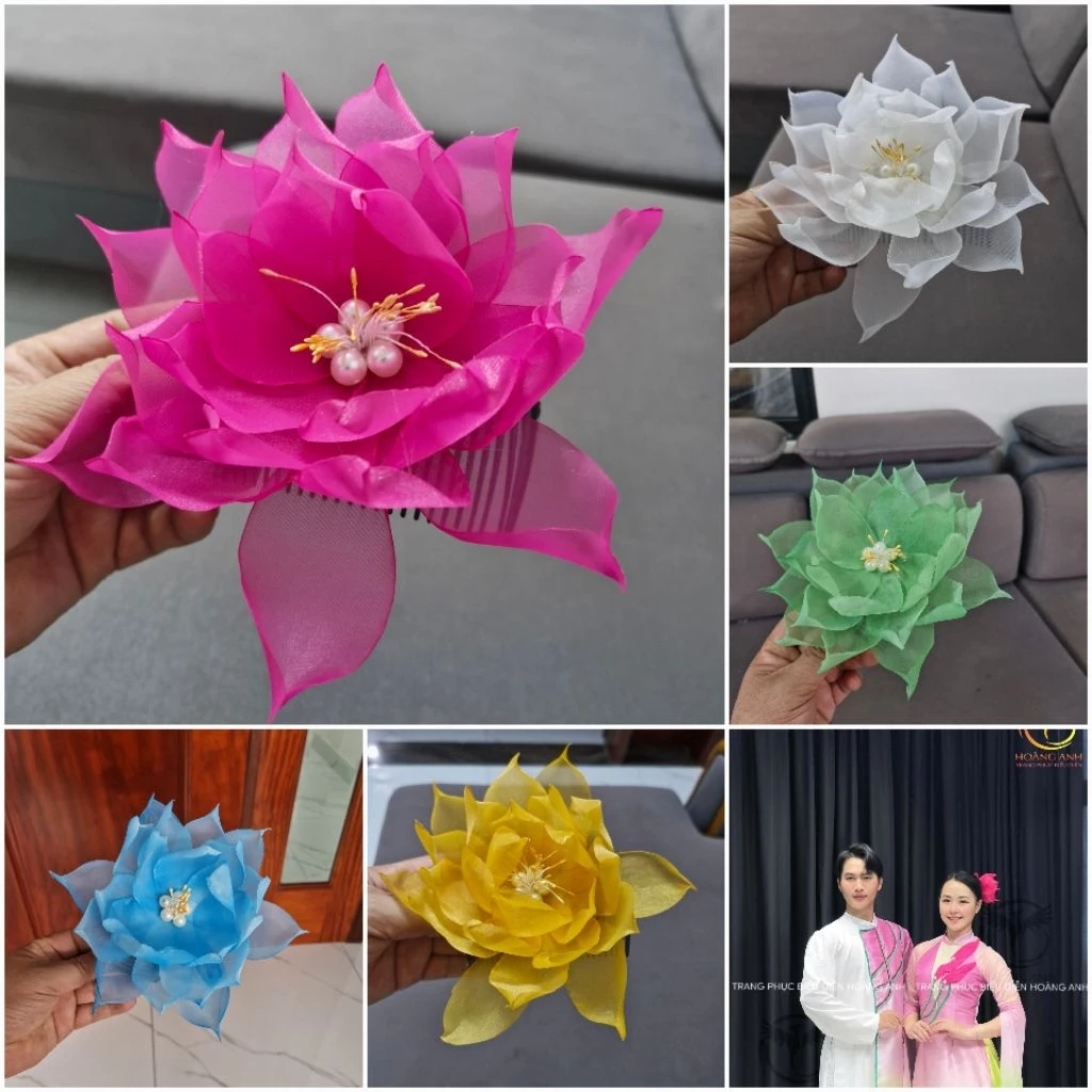 Cài tóc hoa sen vải organza siêu mịn siêu bóng đẹp, dùng để cài tóc biểu diễn văn nghệ, đạo cụ phụ kiện Nguyễn Nhật
